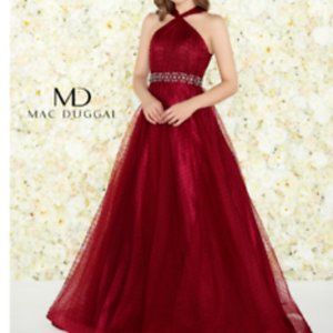 MAC DUGGAL 67663R EMBELLISHED HALTER NECK BURGUNDY BALL-GOWN sz 12